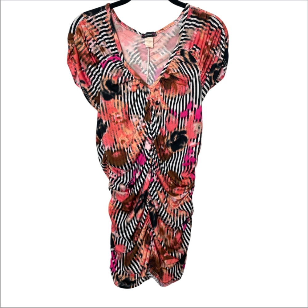 Cocomo Women’s Large Ruched Stripe Floral Top Y2K Tunic Stretch Blouse